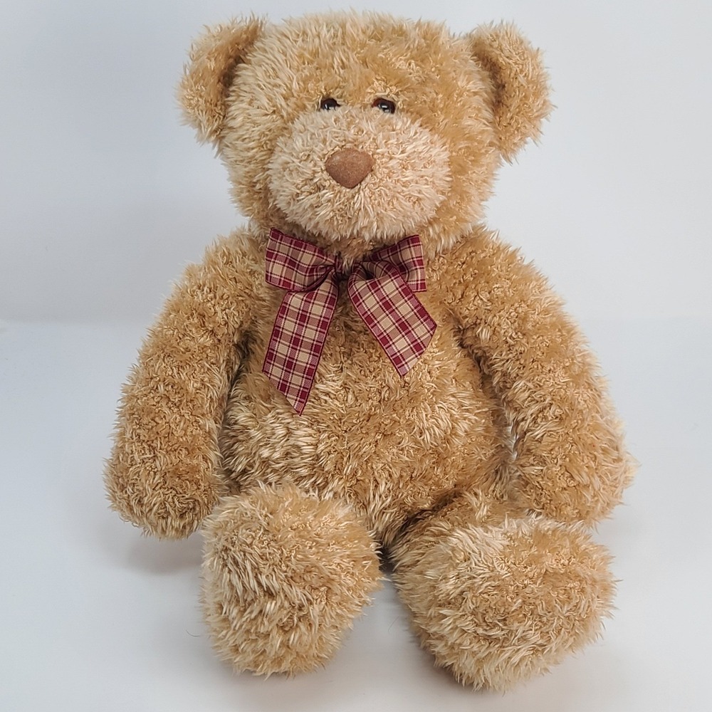 Gund Target Teddy Bear Plush Tan Shaggy Plaid Bow 11 inch Stuffed Animal Good